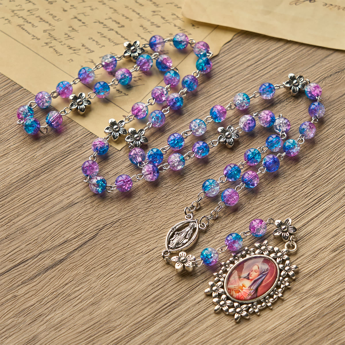 AMUSOUL Seven Sorrow of 8 mm Round Blue-Purple Gradient Rosary with Floral - Carved Our Lady of Sorrows Pendant