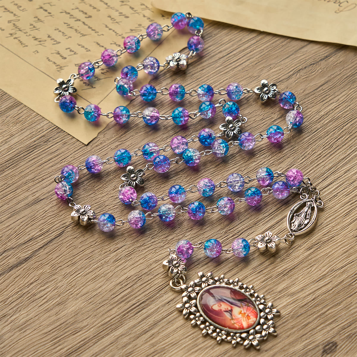 AMUSOUL Seven Sorrow of 8 mm Round Blue-Purple Gradient Rosary with Floral - Carved Our Lady of Sorrows Pendant