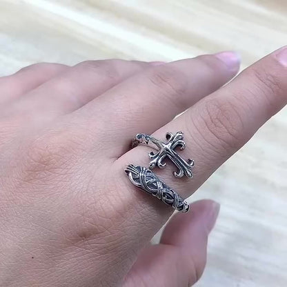 AMUSOUL Retro 925 Silver Cross Ring with Delicate Vine Engravings: Pure Expression of Faith