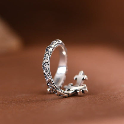 AMUSOUL Retro 925 Silver Cross Ring with Delicate Vine Engravings: Pure Expression of Faith