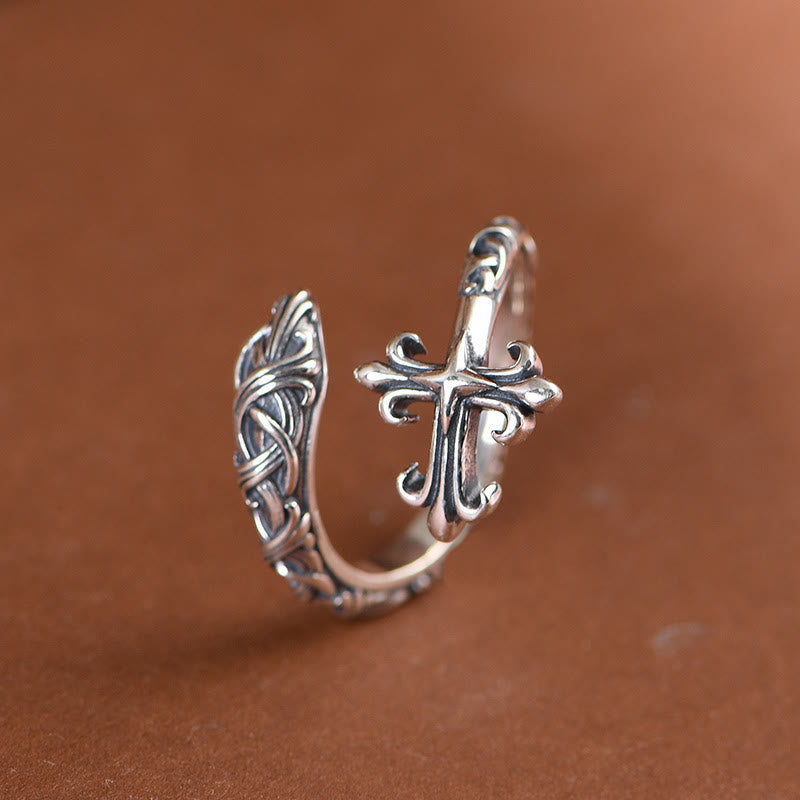AMUSOUL Retro 925 Silver Cross Ring with Delicate Vine Engravings: Pure Expression of Faith