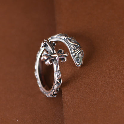 AMUSOUL Retro 925 Silver Cross Ring with Delicate Vine Engravings: Pure Expression of Faith