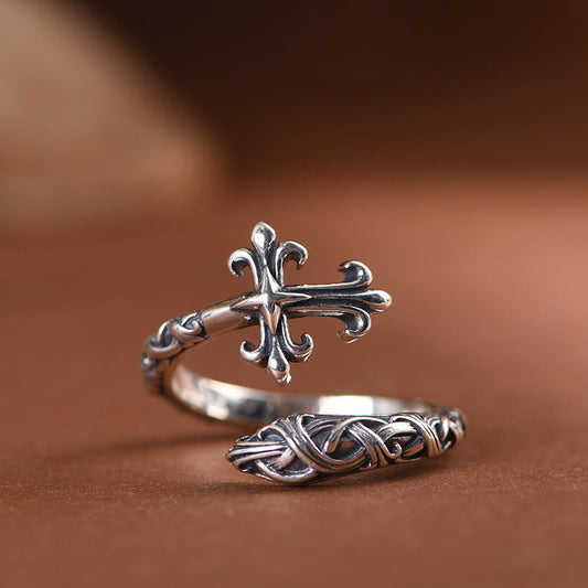 AMUSOUL Retro 925 Silver Cross Ring with Delicate Vine Engravings: Pure Expression of Faith
