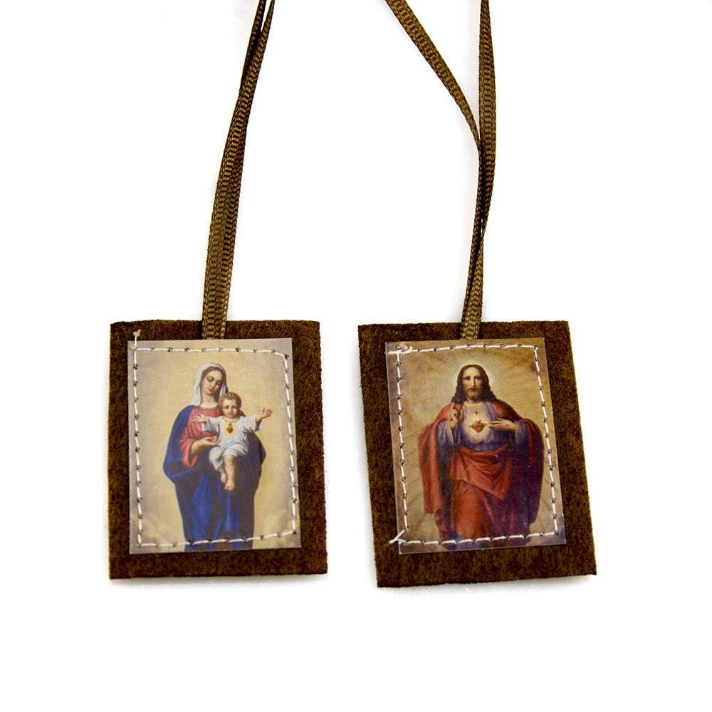 AMUSOUL  Blessed Brown Wool Scapular of Sacred Heart of Jesus and Virgin Mary