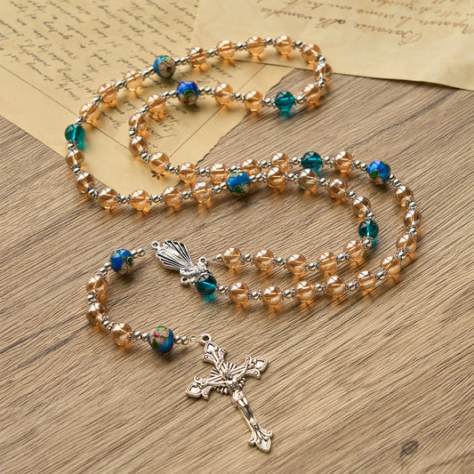 AMUSOUL  Amber & Cloisonné Beads Rosary with Silver Divine Mercy & Crucifix: Embrace Blessed Solace