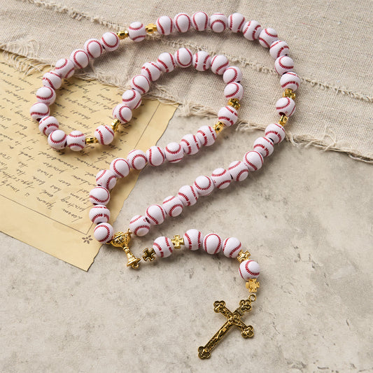 AMUSOUL  Blessed Miniature Baseball Beads Rosary with Golden Holy Chalice & Crucifix: Merge Faith and Sport
