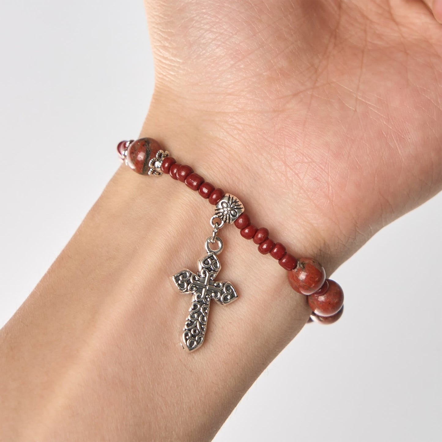 AMUSOUL  8mm Red Sesame Stone One Decade Rosary Bracelet with Miraculous Medal & Cross