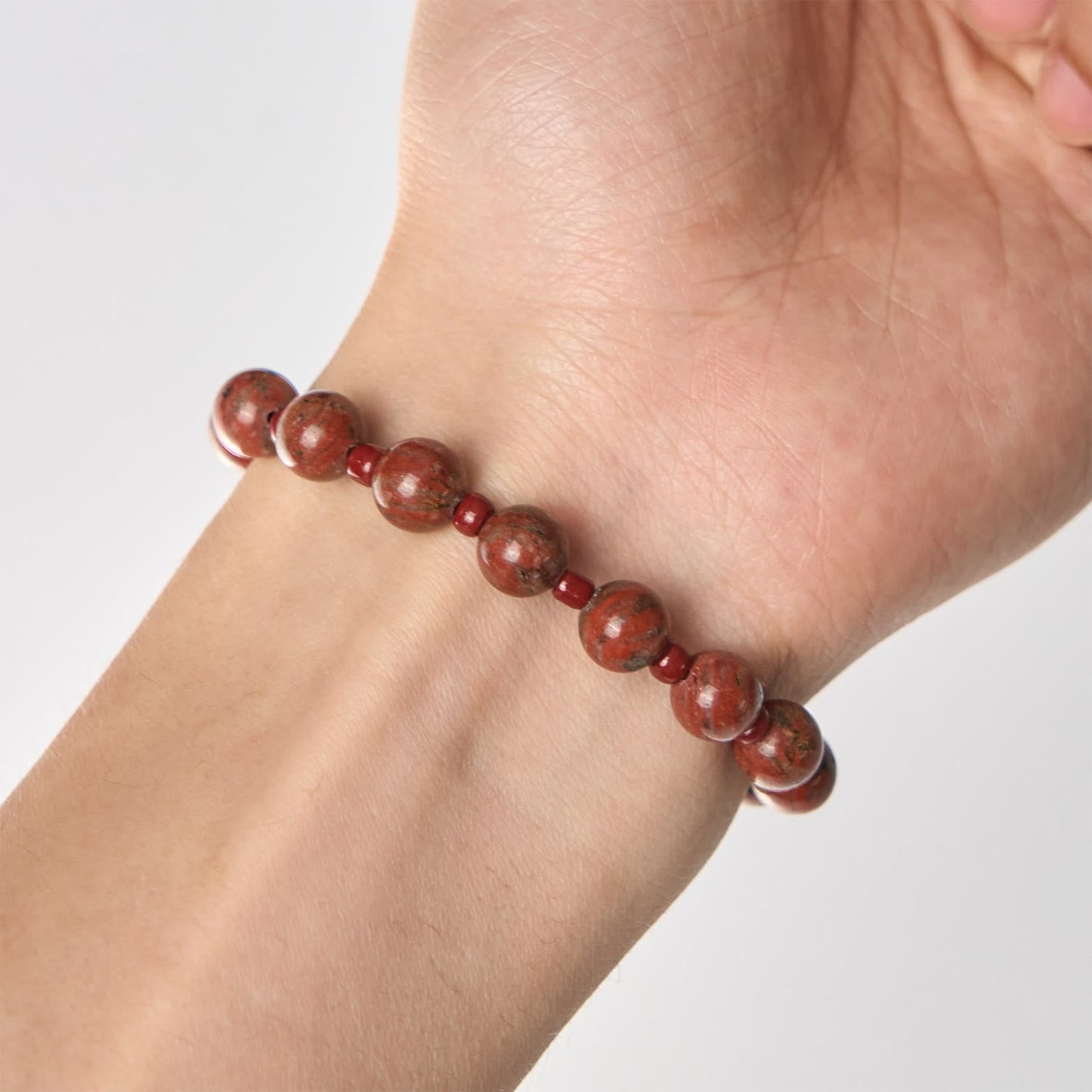AMUSOUL  8mm Red Sesame Stone One Decade Rosary Bracelet with Miraculous Medal & Cross