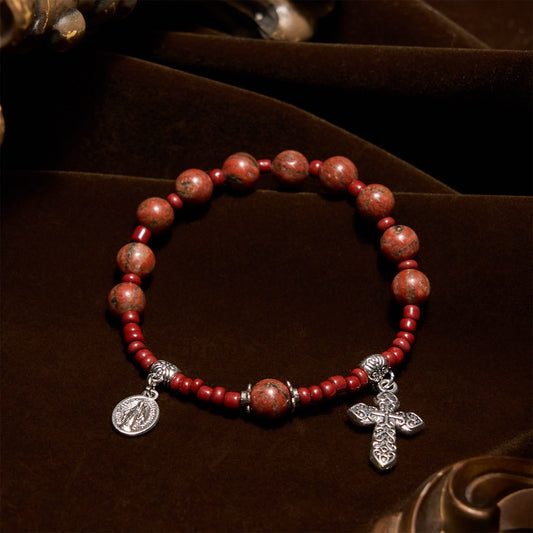 AMUSOUL  8mm Red Sesame Stone One Decade Rosary Bracelet with Miraculous Medal & Cross