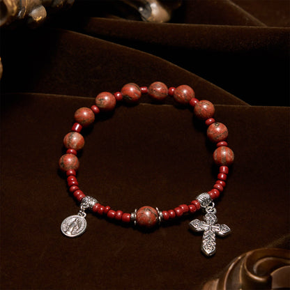 AMUSOUL  8mm Red Sesame Stone One Decade Rosary Bracelet with Miraculous Medal & Cross