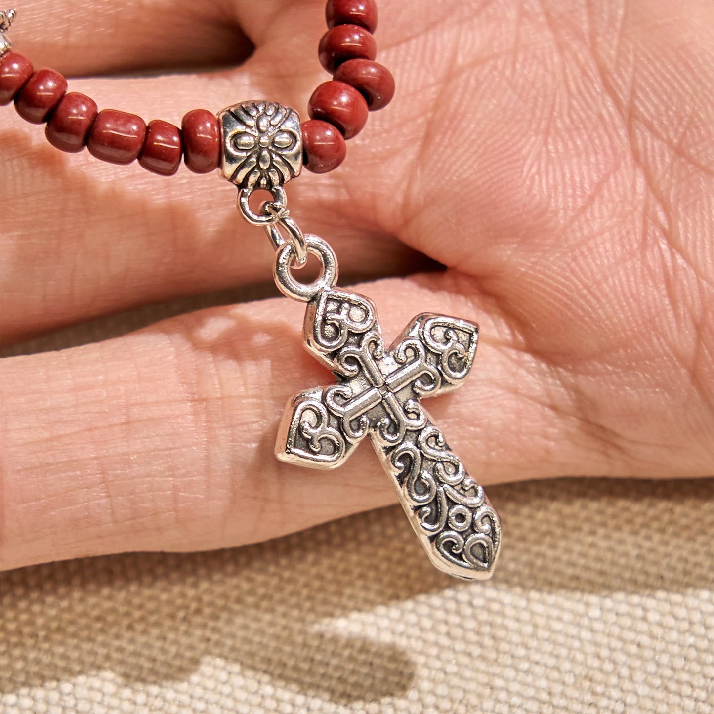 AMUSOUL  8mm Red Sesame Stone One Decade Rosary Bracelet with Miraculous Medal & Cross