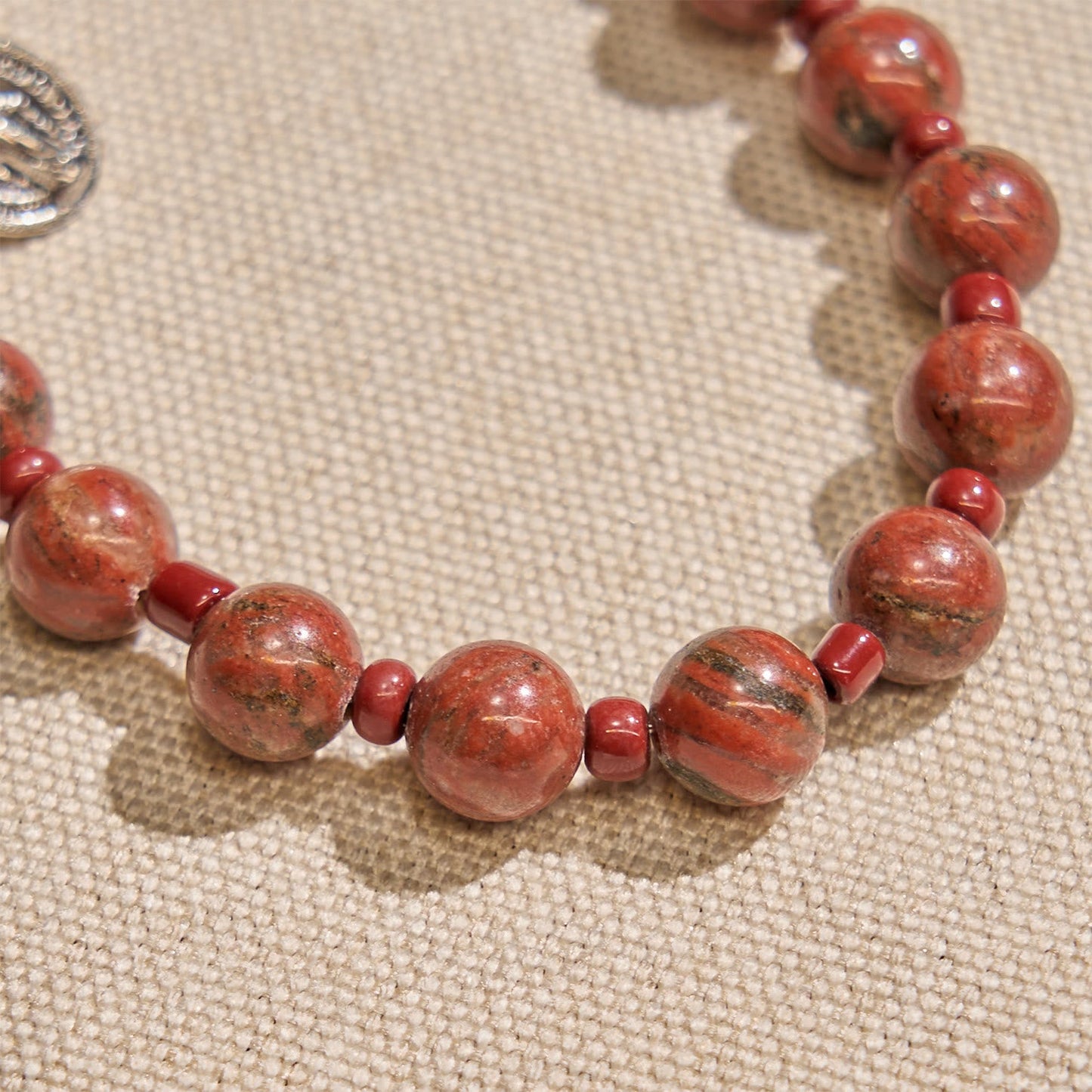 AMUSOUL  8mm Red Sesame Stone One Decade Rosary Bracelet with Miraculous Medal & Cross