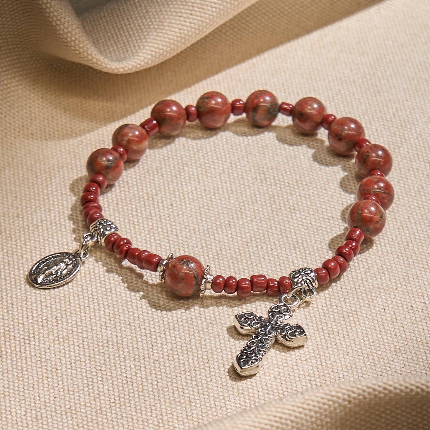 AMUSOUL  8mm Red Sesame Stone One Decade Rosary Bracelet with Miraculous Medal & Cross