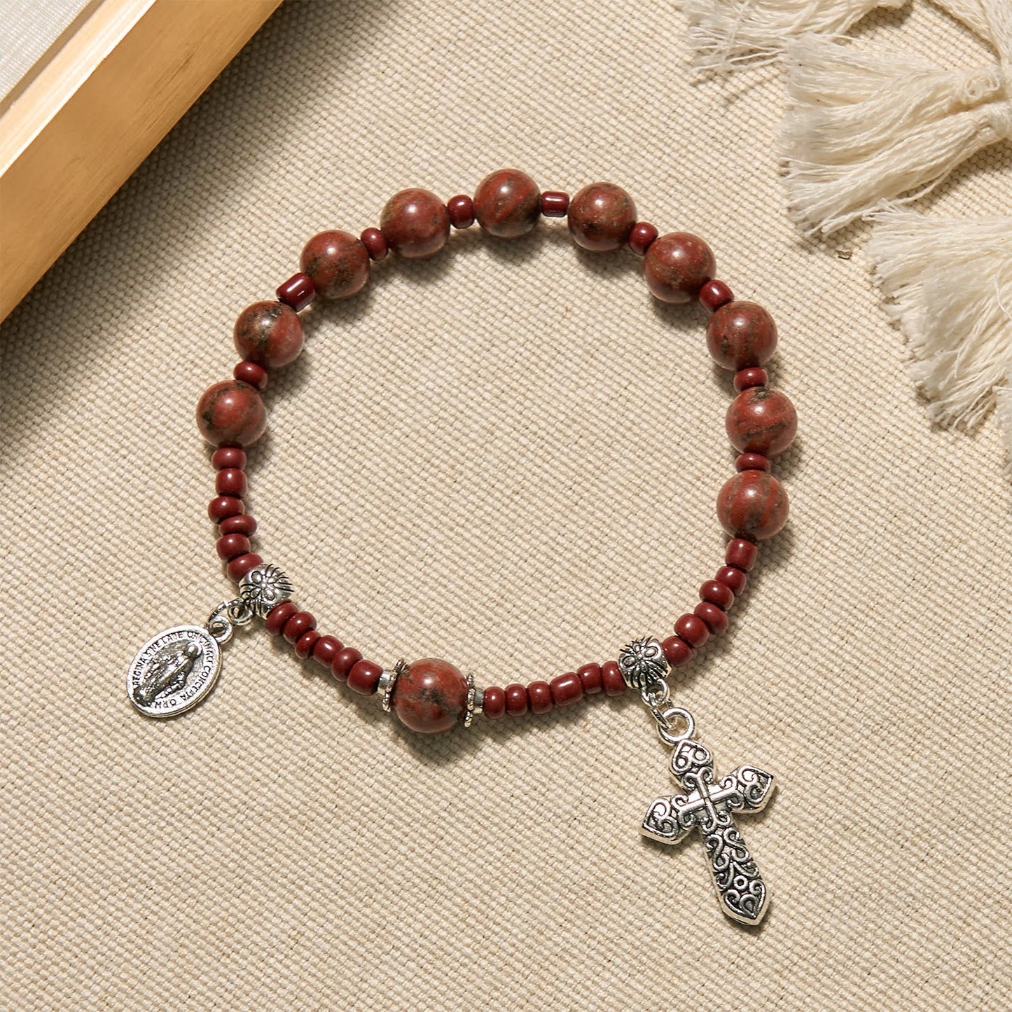 AMUSOUL  8mm Red Sesame Stone One Decade Rosary Bracelet with Miraculous Medal & Cross