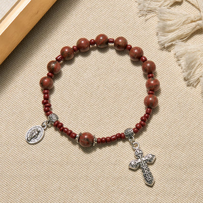 AMUSOUL  8mm Red Sesame Stone One Decade Rosary Bracelet with Miraculous Medal & Cross
