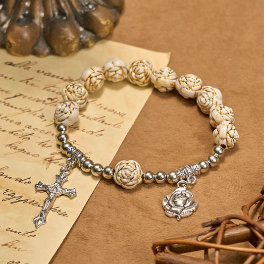 AMUSOULArtistically Sculpted 10mm White Rose Bead Rosary Bracelet with Crucifix