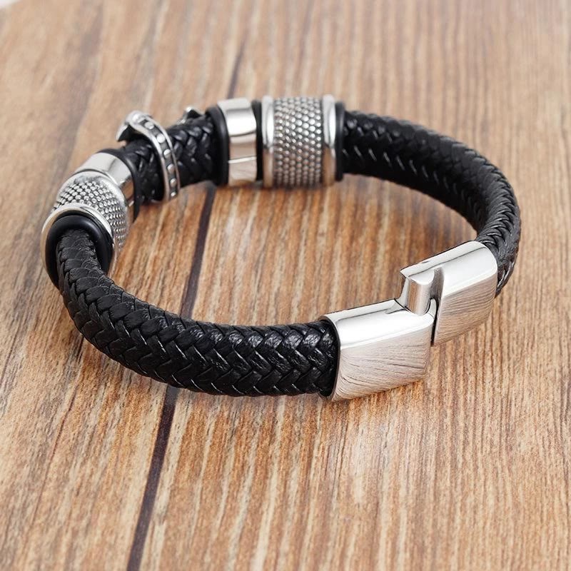 AMUSOUL Classic Two-Tone Holy Cross Leather Bracelet with Braided Design