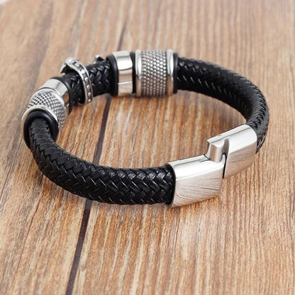 AMUSOUL Classic Two-Tone Holy Cross Leather Bracelet with Braided Design