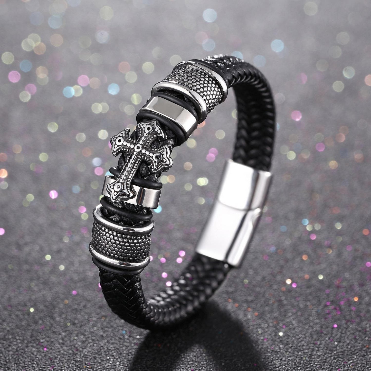 AMUSOUL Classic Two-Tone Holy Cross Leather Bracelet with Braided Design
