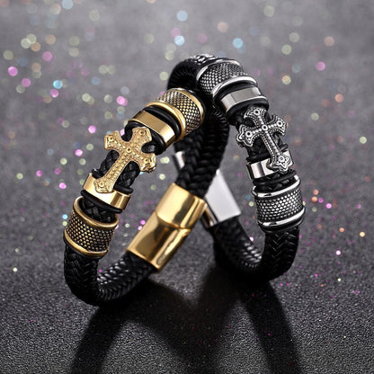 AMUSOUL Classic Two-Tone Holy Cross Leather Bracelet with Braided Design