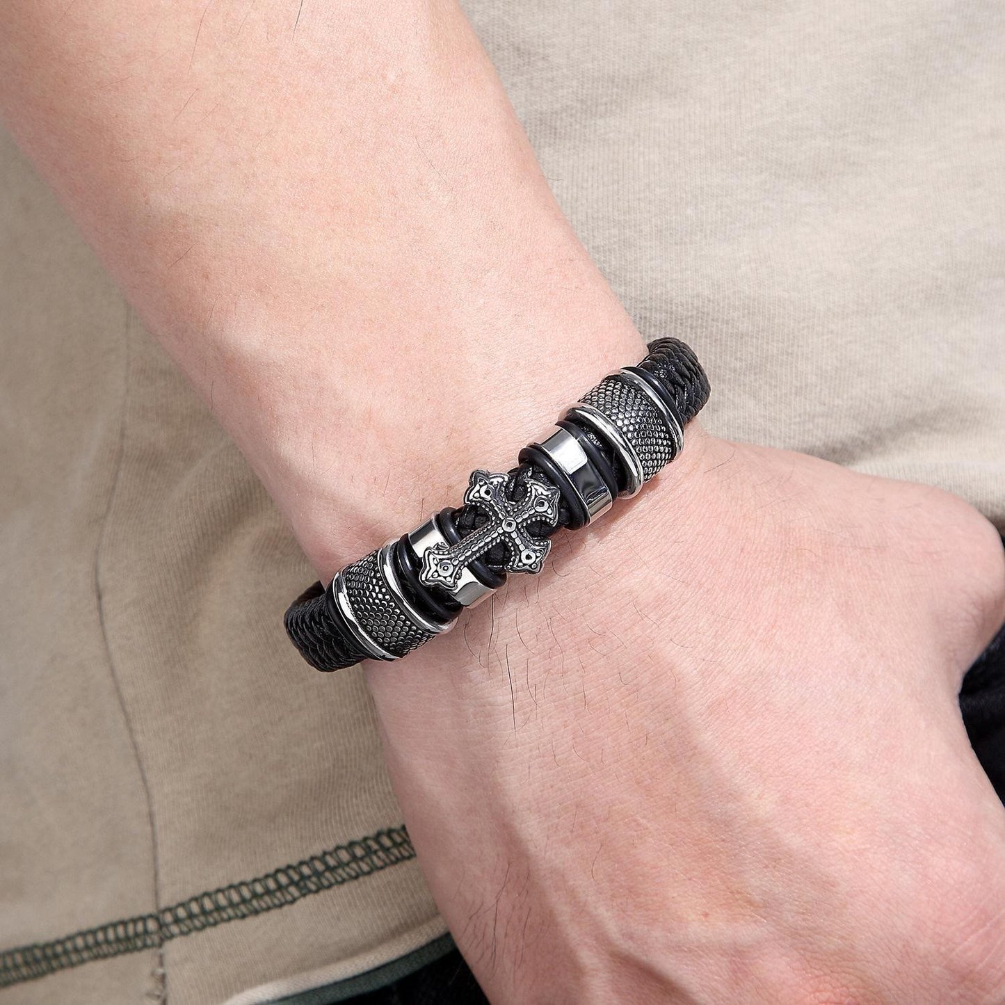AMUSOUL Classic Two-Tone Holy Cross Leather Bracelet with Braided Design