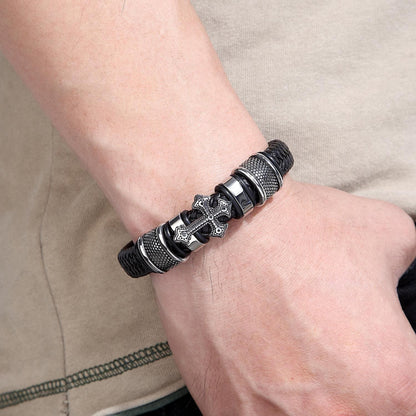 AMUSOUL Classic Two-Tone Holy Cross Leather Bracelet with Braided Design
