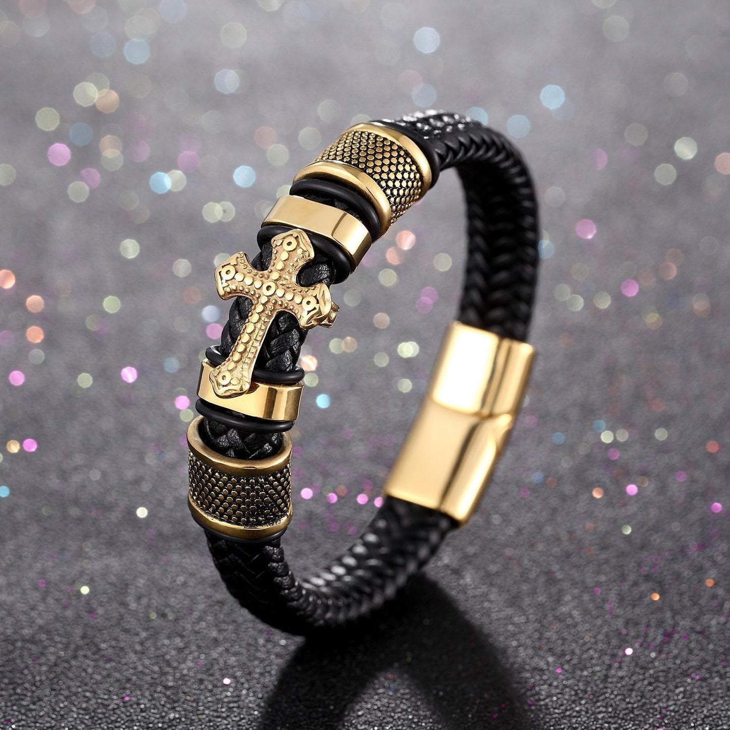 AMUSOUL Classic Two-Tone Holy Cross Leather Bracelet with Braided Design