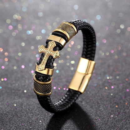 AMUSOUL Classic Two-Tone Holy Cross Leather Bracelet with Braided Design