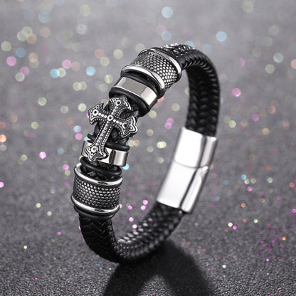 AMUSOUL Classic Two-Tone Holy Cross Leather Bracelet with Braided Design