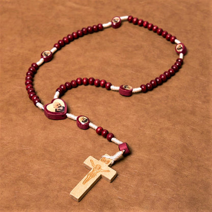 AMUSOUL Wine Red Wooden Beads Cross Virgin Mary Hand Held Rosary