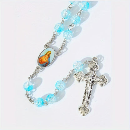 AMUSOUL Celestial Blue Glass Beads Rosary with Jesus Heart & Crucifix