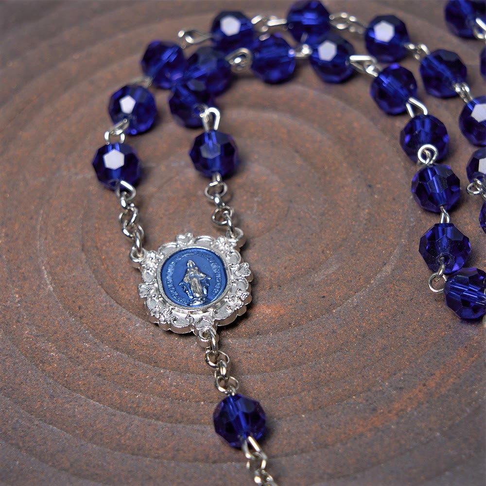 AMUSOUL  Miraculous Medal & Cross of 8 mm Polyhedron Blue Crystal Alloy Chain Rosary