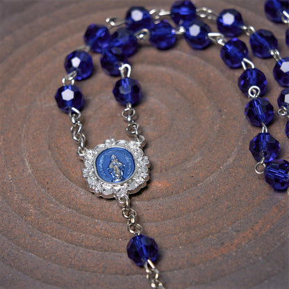 AMUSOUL  Miraculous Medal & Cross of 8 mm Polyhedron Blue Crystal Alloy Chain Rosary