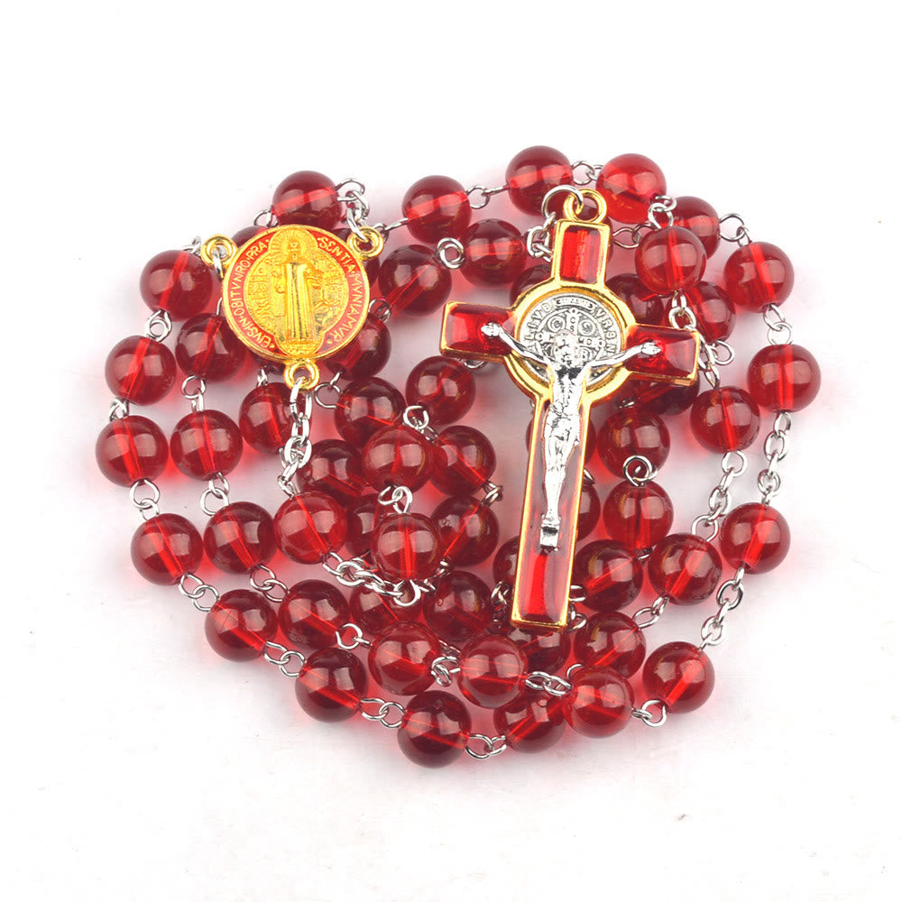 AMUSOUL St. Benedict Centerpiece Red Glass Beads Cross Rosary