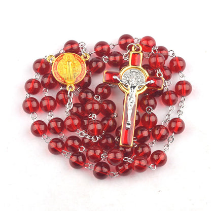AMUSOUL St. Benedict Centerpiece Red Glass Beads Cross Rosary