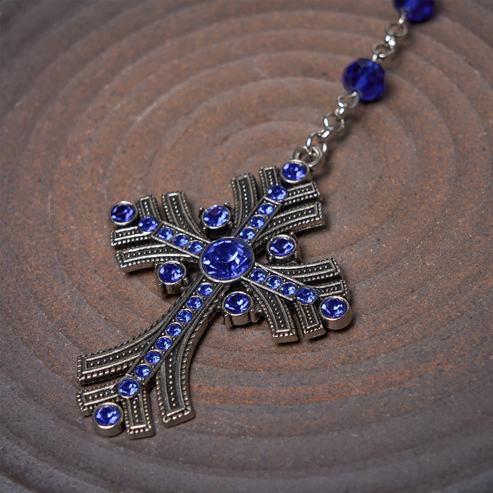 AMUSOUL  Miraculous Medal & Cross of 8 mm Polyhedron Blue Crystal Alloy Chain Rosary