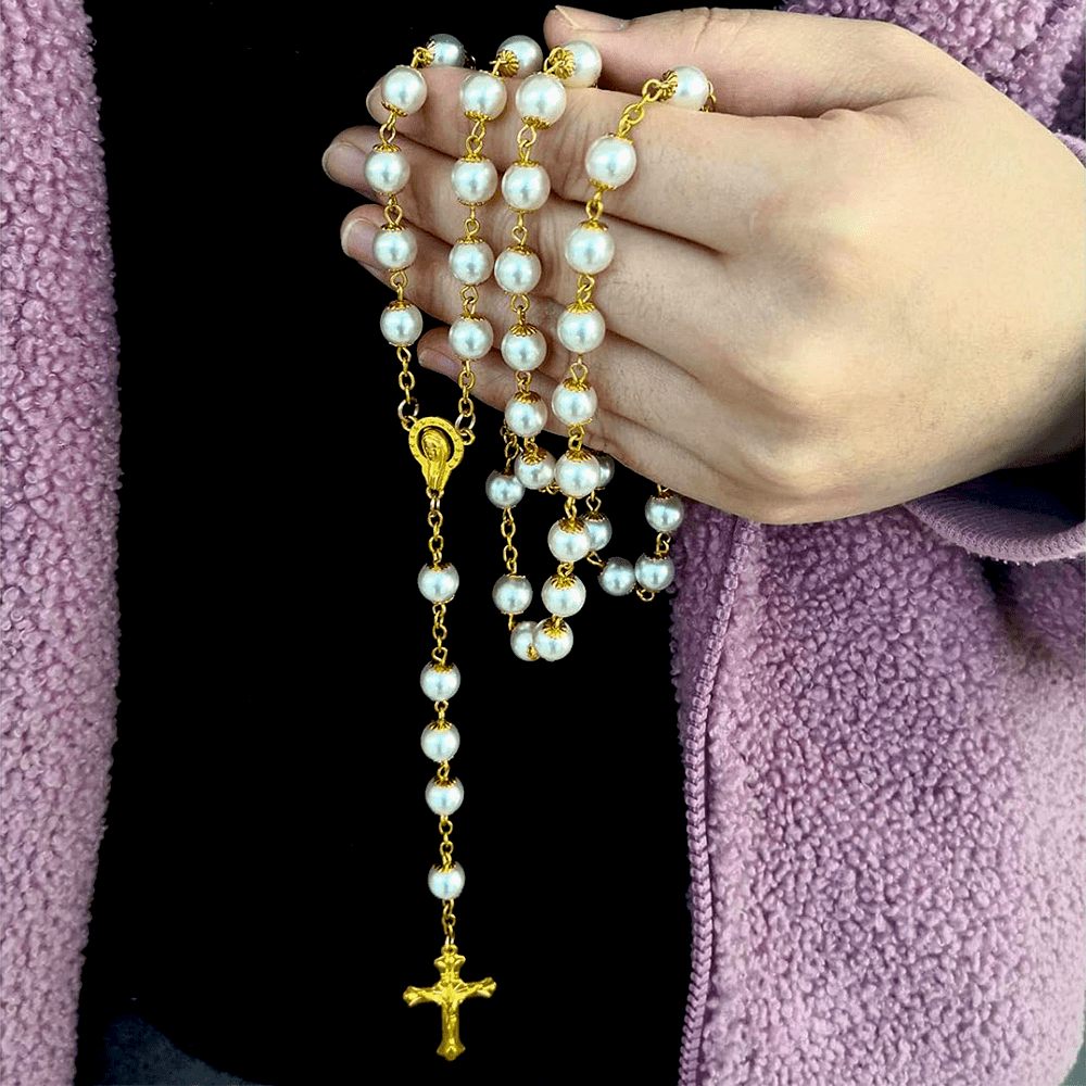 AMUSOUL White Pearl Beads Catholic Blessing Rosary
