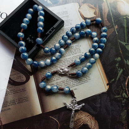 AMUSOUL Blue Beads Hand-Woven Crucifix Rosary