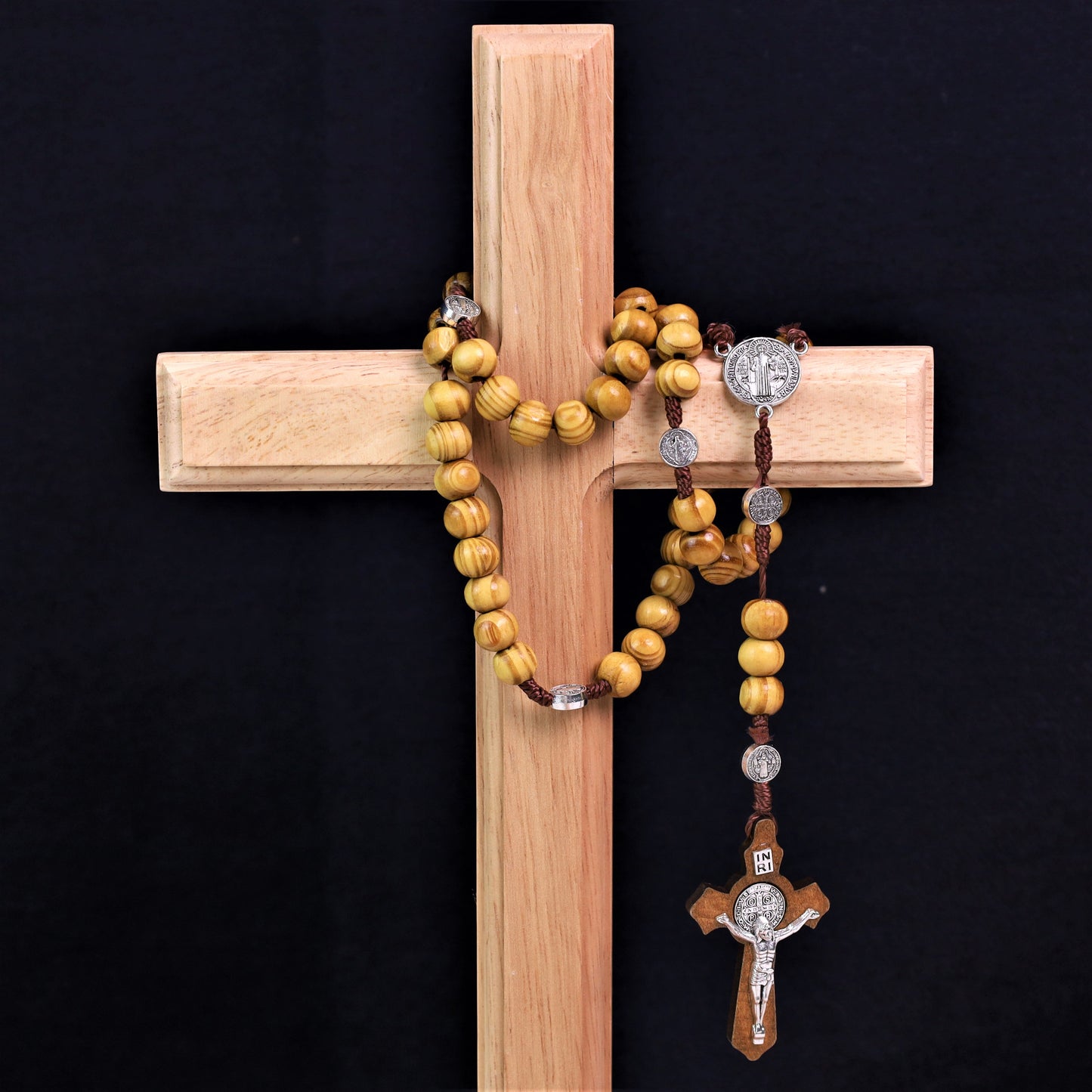 AMUSOUL  Olive Wood Saint Benedict Bead Rosary and Cross
