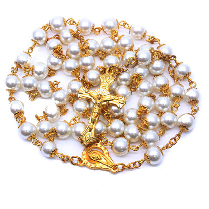 AMUSOUL White Pearl Beads Catholic Blessing Rosary