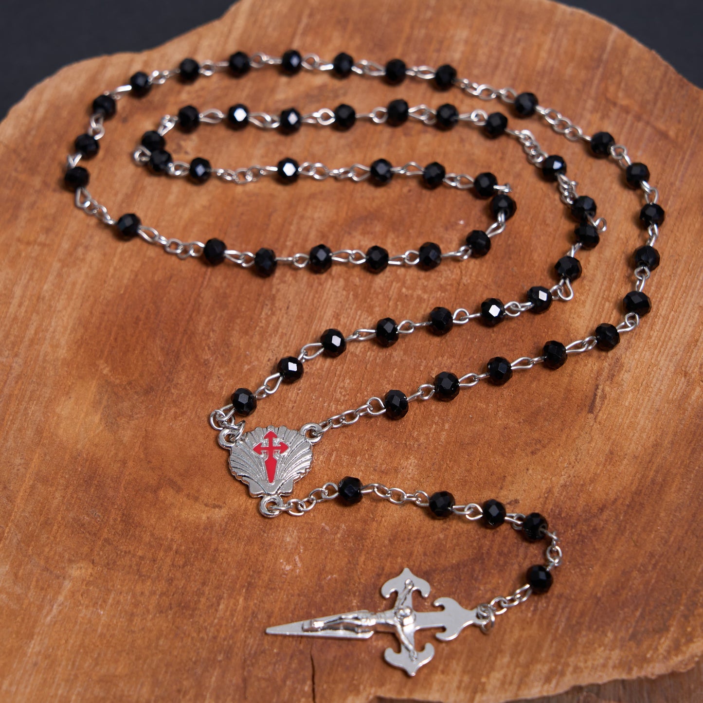 AMUSOUL Crucifix of 6 mm Polyhedron Black Crystal Alloy Chain Rosary