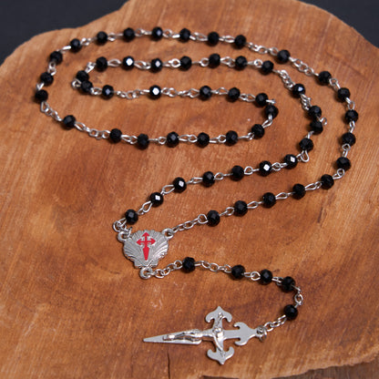 AMUSOUL Crucifix of 6 mm Polyhedron Black Crystal Alloy Chain Rosary