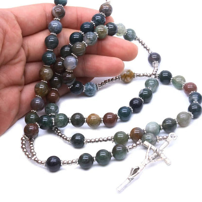 AMUSOUL Natural Agate Jesus Cross Prayer Rosary