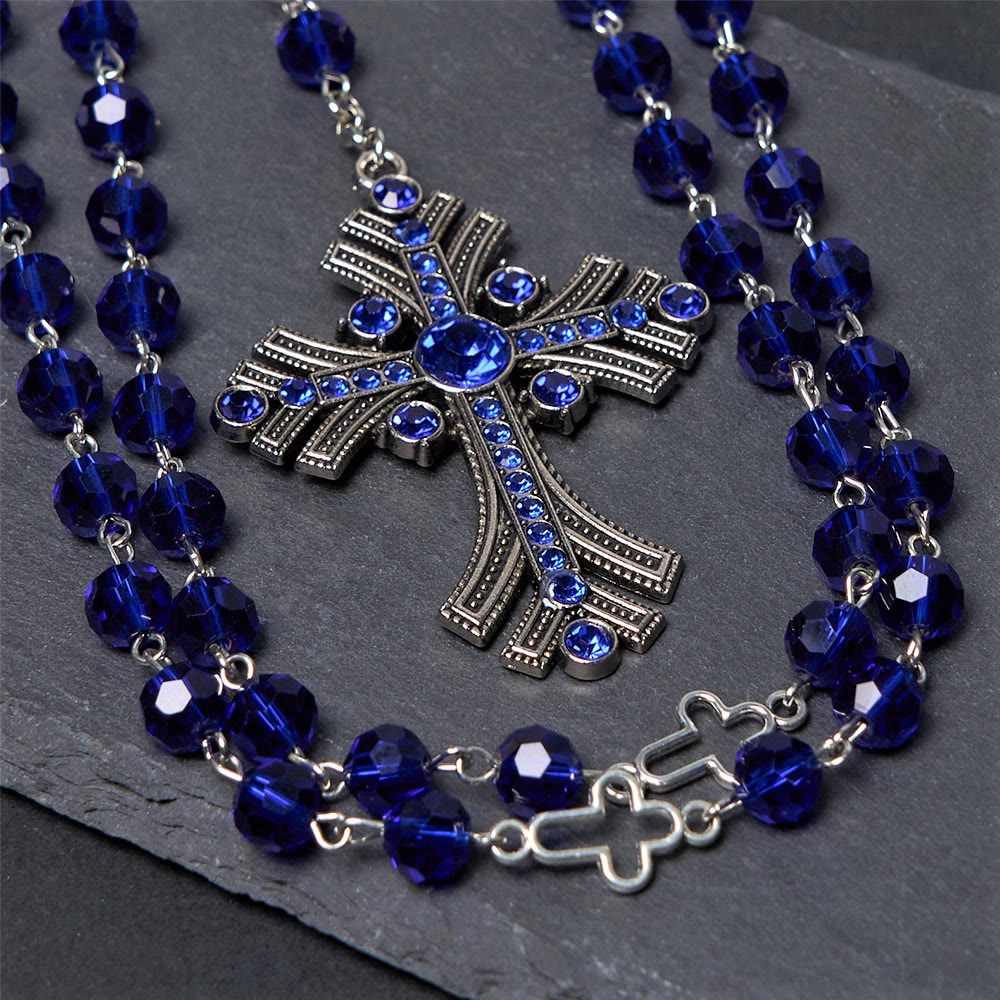 AMUSOUL  Miraculous Medal & Cross of 8 mm Polyhedron Blue Crystal Alloy Chain Rosary