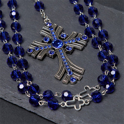 AMUSOUL  Miraculous Medal & Cross of 8 mm Polyhedron Blue Crystal Alloy Chain Rosary