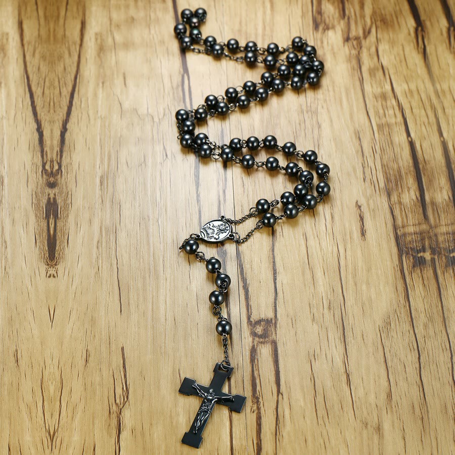 AMUSOUL Our Lady of Grace & Crucifix of 8 mm Round Black Steel Ball Alloy Chain Rosary