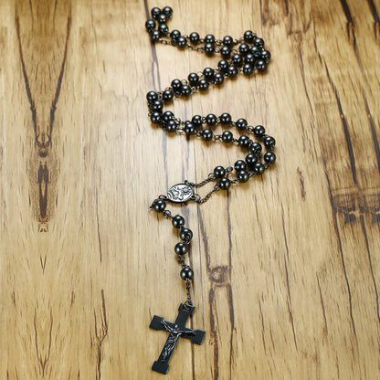AMUSOUL Our Lady of Grace & Crucifix of 8 mm Round Black Steel Ball Alloy Chain Rosary