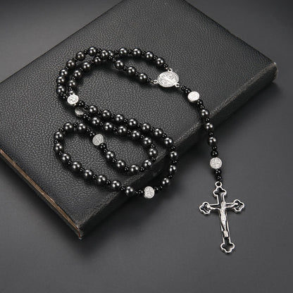 AMUSOUL St. Benedict Medal & Cross of 8 mm Round Black Multi-material Nylon Cord Rosary