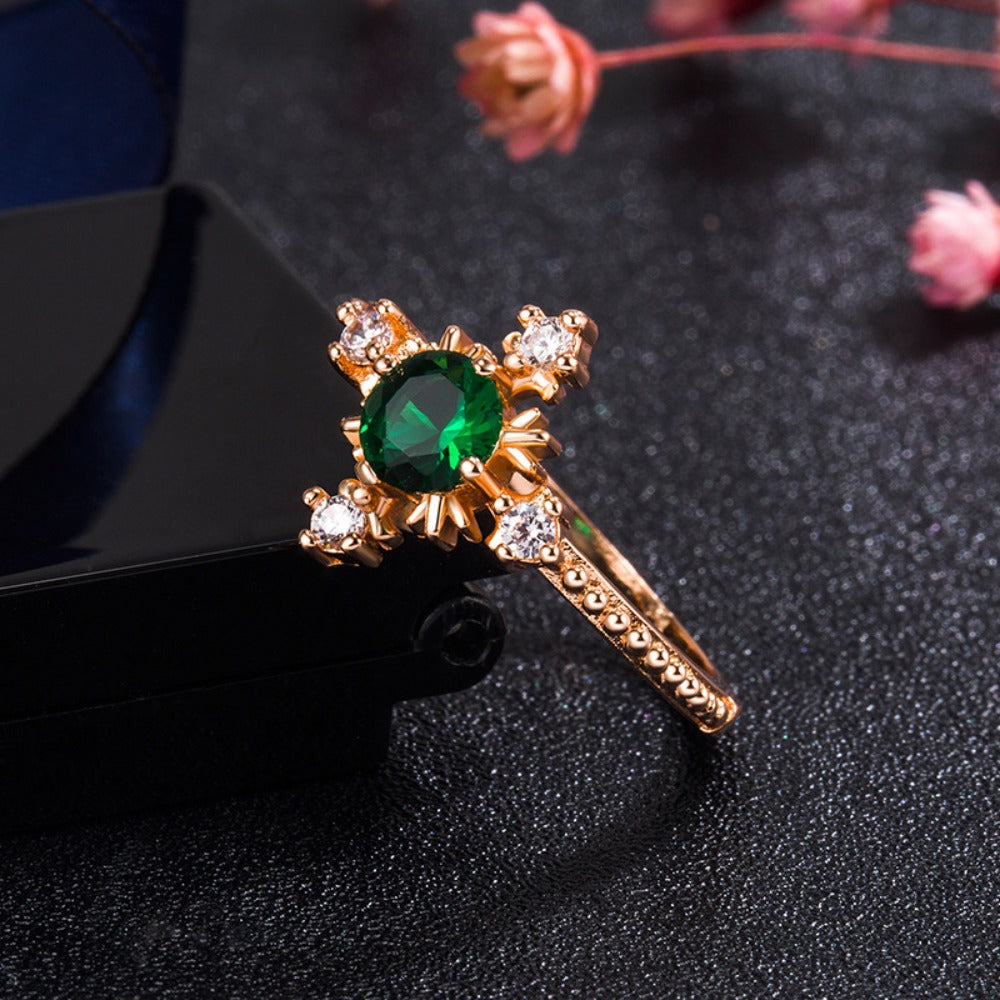 AMUSOUL Faith in Bloom – Emerald Cross Ring in Rose Gold