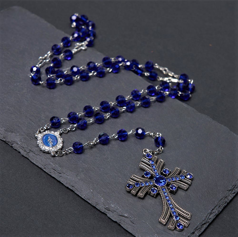 AMUSOUL  Miraculous Medal & Cross of 8 mm Polyhedron Blue Crystal Alloy Chain Rosary